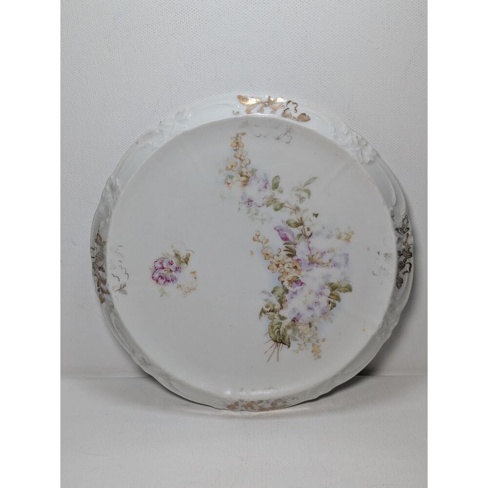 Vintage Floral Porcelain Plate Embossed Rim Gold Accents Pink Purple Flowers...